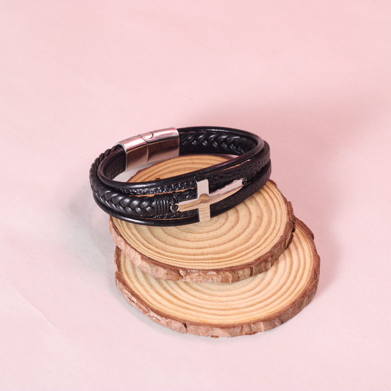 15920 PULSERA NEGRA CRUZ PLATEADA