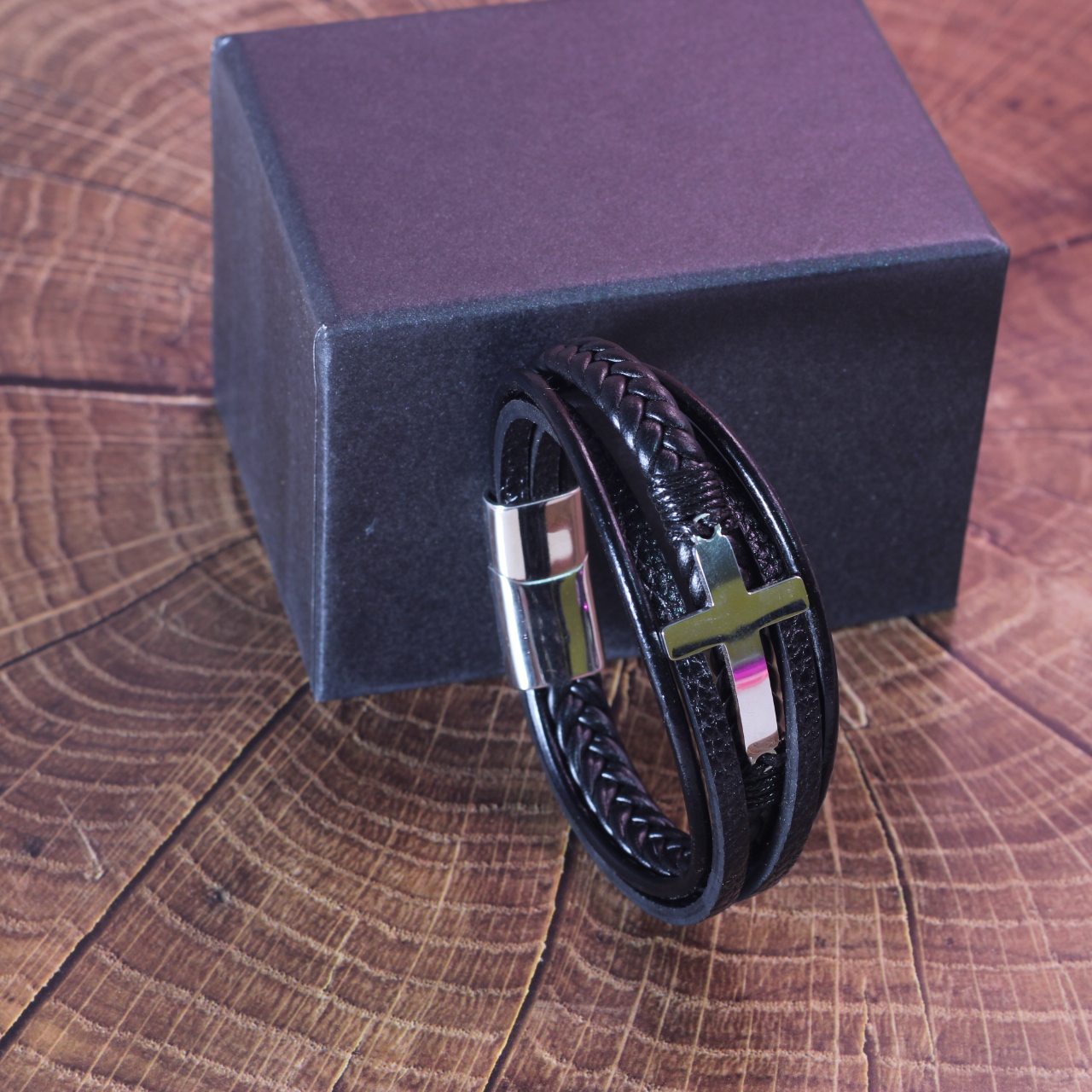 15920 PULSERA NEGRA CRUZ PLATEADA