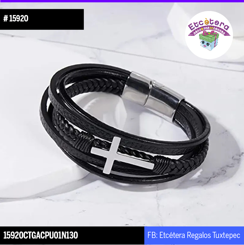 15920 PULSERA NEGRA CRUZ PLATEADA