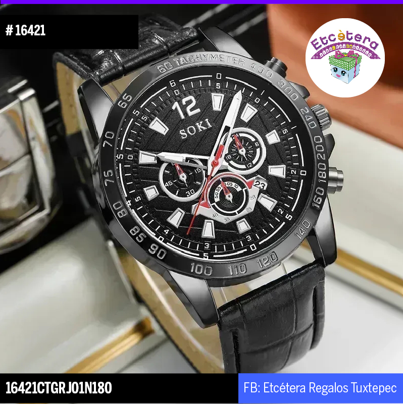 16421 RELOJ NEGRO SOKI CARATULA PLATEADA